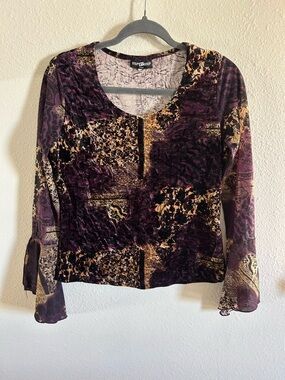 Vintage Y2K Step By Step Whimsical Velvet Sheer Sleeve Top Womens Size L
